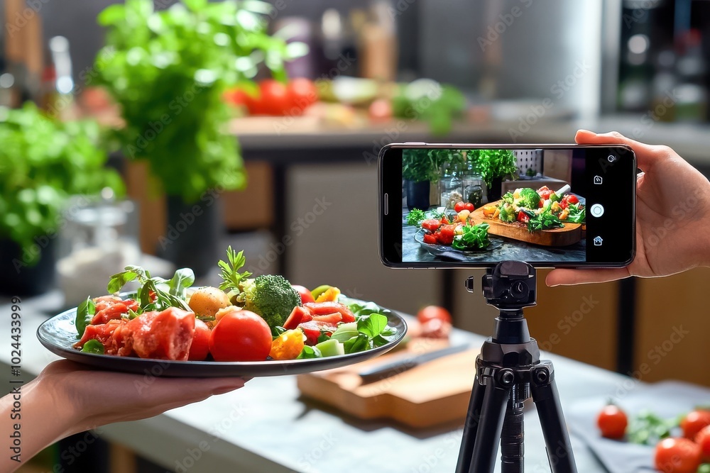 A person holding a plate of appetizers in front of a smartphone set up on a small tripod A person holding a plate of appetizers in front of a smartphone set up on a small tripod