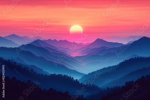 Silhouetted Mountain Range at Sunset with a Pink Sky