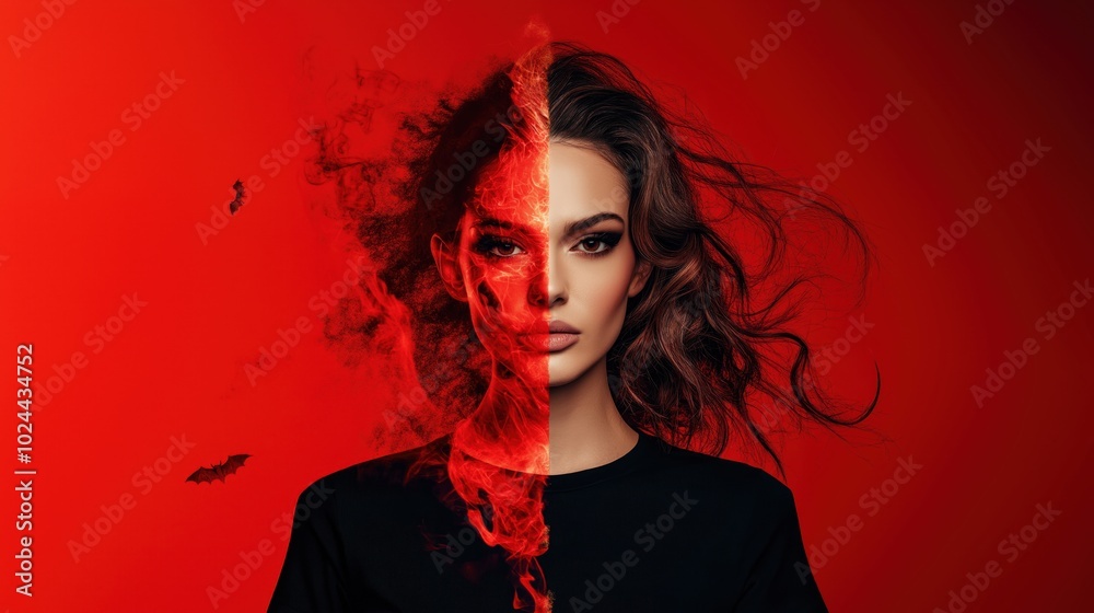 long hair woman character portrait red smoke red background beauty and makeup poster background long hair woman character portrait red smoke red background beauty and makeup poster background