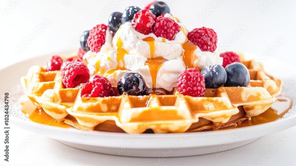 A plate of golden waffles is topped with whipped cream, fresh berries, and drizzled caramel A plate of golden waffles is topped with whipped cream, fresh berries, and drizzled caramel