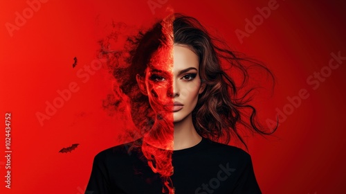 long hair woman character portrait red smoke red background beauty and makeup poster background