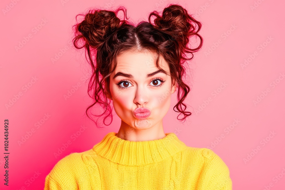 A playful, energetic portrait of a young woman with curly hair styled in two messy buns A playful, energetic portrait of a young woman with curly hair styled in two messy buns
