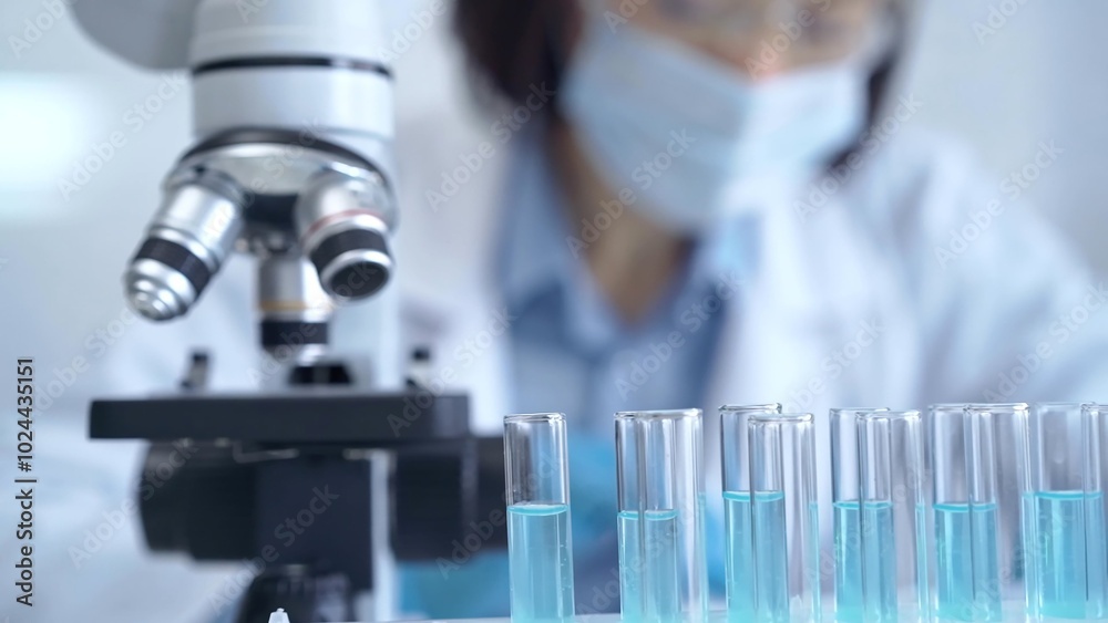 Test tubes with a blurred scientist in a lab coat in the background Test tubes with a blurred scientist in a lab coat in the background