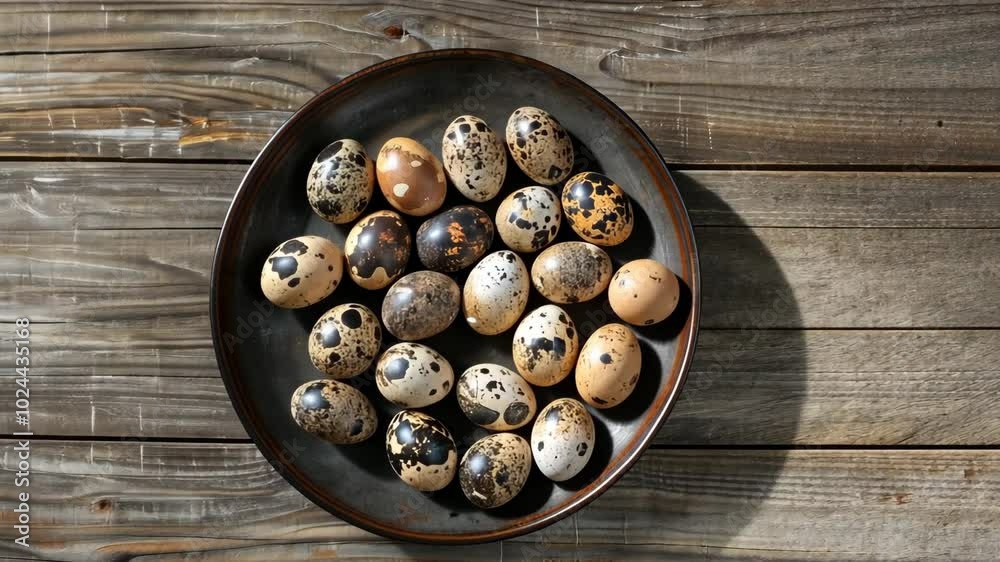 A metal bowl filled with speckled quail eggs sits on a rustic wooden surface A metal bowl filled with speckled quail eggs sits on a rustic wooden surface