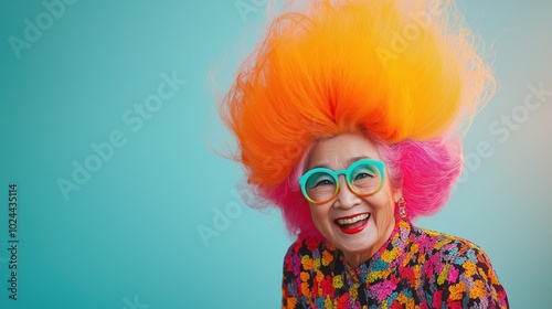 indonesian grandma with absolutely huge tall hair. orange pink neon color hair old woman character