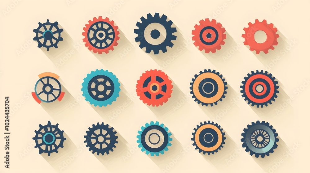 A collection of flat, colorful gear icons with long shadows A collection of flat, colorful gear icons with long shadows