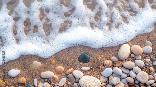 Stones at beach, foamy waves