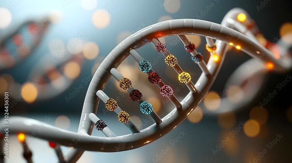Detailed 3D Hologram of Rotating DNA Double Helix with Glowing Genetic Code Detailed 3D Hologram of Rotating DNA Double Helix with Glowing Genetic Code