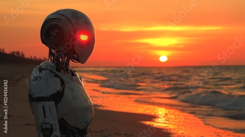 A humanoid robot stands on a sandy beach, gazing at a fiery orange sunset over the ocean.