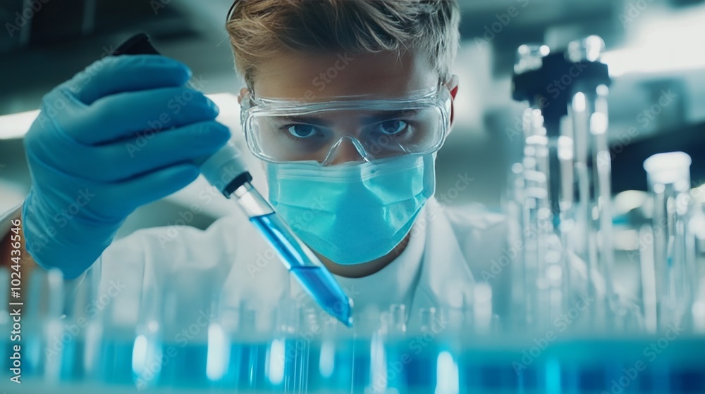 Scientist masked, holding test glass, filling tube with blue liquid, researching in lab. Scientist masked, holding test glass, filling tube with blue liquid, researching in lab.
