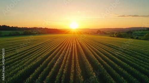 Drone's perspective: sunset over green expanse.