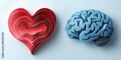  vibrant paper cutout heart with layered reds and pinks placed next to a minimalist paper brain in soft blues and grays, symbolizing the connection between emotion and intellect.