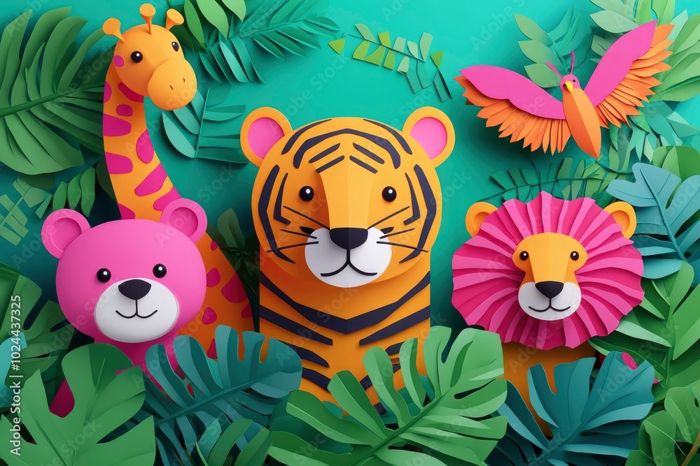 Naklejka premium Papercraft Animal Faces Surrounded by Lush Green Leaves