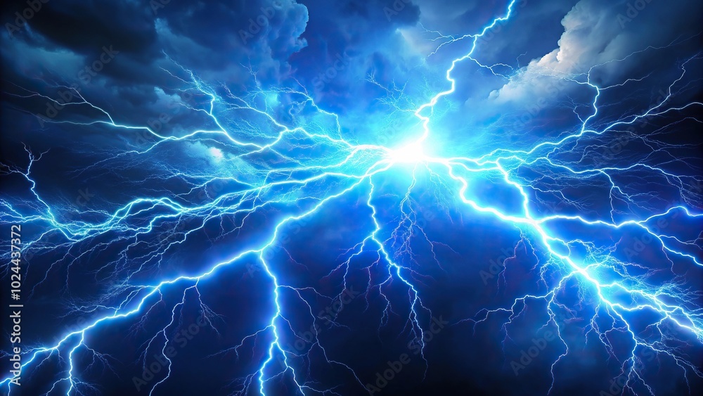 Low angle view of nocturnal azure electrical discharges resembling lightning bolts in stormy sky Low angle view of nocturnal azure electrical discharges resembling lightning bolts in stormy sky