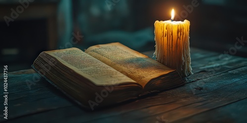  A vintage book sits open with a flickering candle beside it, evoking a quiet, peaceful atmosphere for reflection and deep thought. photo