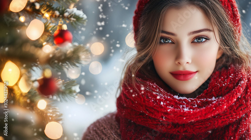 A young woman smiles warmly, bundled in a cozy red scarf, surrounded by softly falling snowflakes and glowing Christmas lights, evoking holiday cheer, copy space