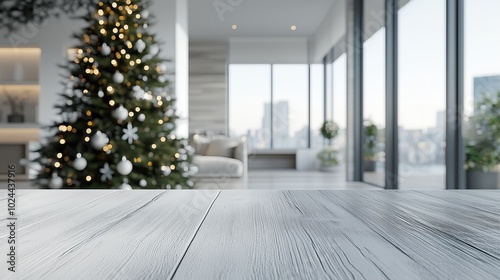 Bottom view to interior of living room, minimalist design in light gray tones with huge windows opening view of city. In corner there is decorated Christmas tree. Cozy winter holiday atmosphere.
 photo