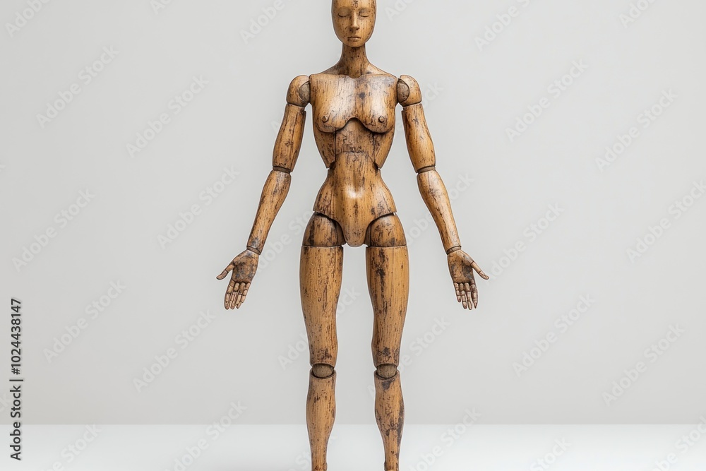 A wooden artist's mannequin stands against a plain white backdrop. A wooden artist's mannequin stands against a plain white backdrop.
