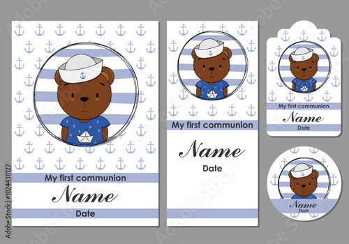 First communion card, bookmark, label and sticker set for children. Bear dressed as a sailor