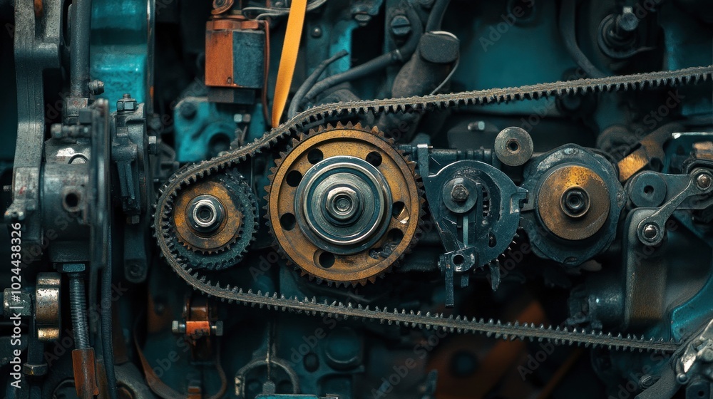 A close-up shot of a rusty engine belt system with a gear and co A close-up shot of a rusty engine belt system with a gear and co