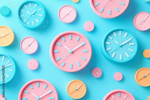 Colorful Clocks Scattered on a Light Blue Background