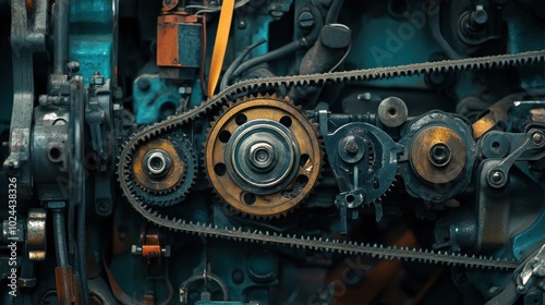 A close-up shot of a rusty engine belt system with a gear and co