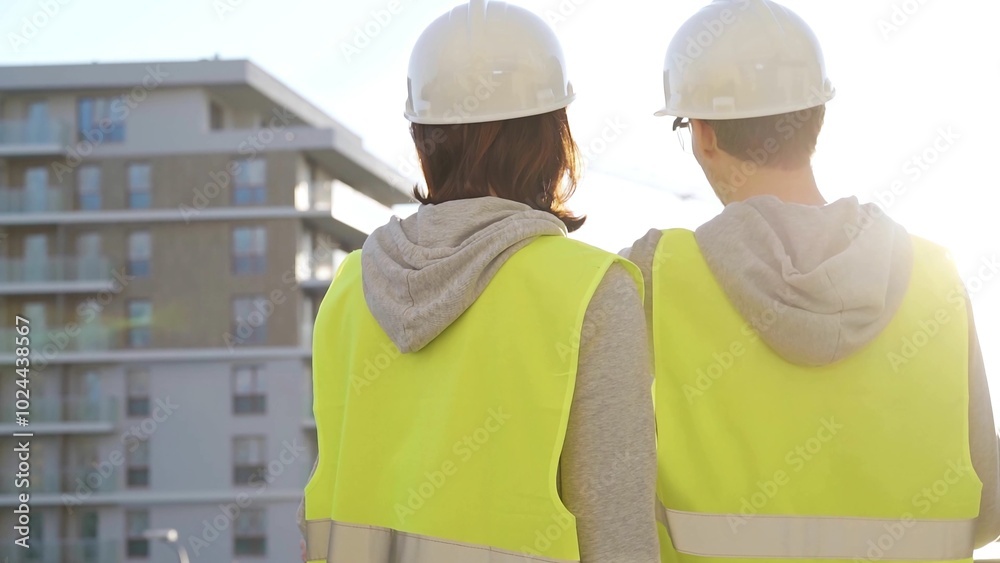 Man and woman architects or engineers wearing safety hard hats and vests holding blueprint and discussing something on construction site at sunrise, back view. Architecture and engineering Man and woman architects or engineers wearing safety hard hats and vests holding blueprint and discussing something on construction site at sunrise, back view. Architecture and engineering