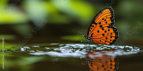  Orange butterfly gently lands on the surface of still water, creating ripples in a peaceful, reflective moment in nature. photo