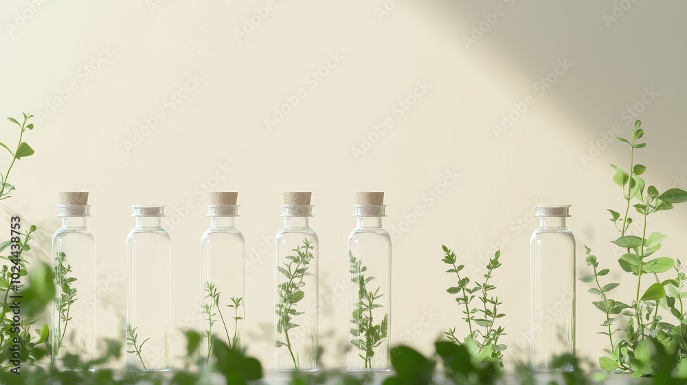 Serene Botanical Essence: Minimal Glass Bottles in Natural Greenery Serene Botanical Essence: Minimal Glass Bottles in Natural Greenery
