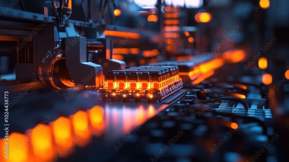 A close-up of an industrial assembly line with glowing elements and machinery in action. A close-up of an industrial assembly line with glowing elements and machinery in action.