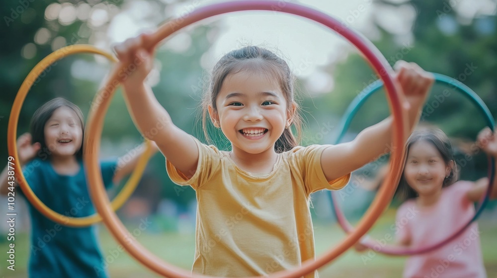 Children play hula hoop at park. Children play hula hoop at park.