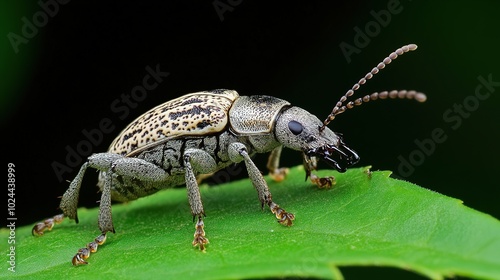 An elegant and minimalistic icon of a weevil (Curculionidae), showcasing its distinctive elongated snout and robust body. This vector illustration captures the intricate details of the insect's featur photo