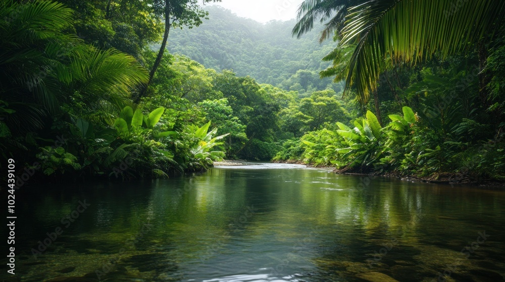 Fototapeta premium A tranquil river flows through a lush tropical jungle with vibrant
