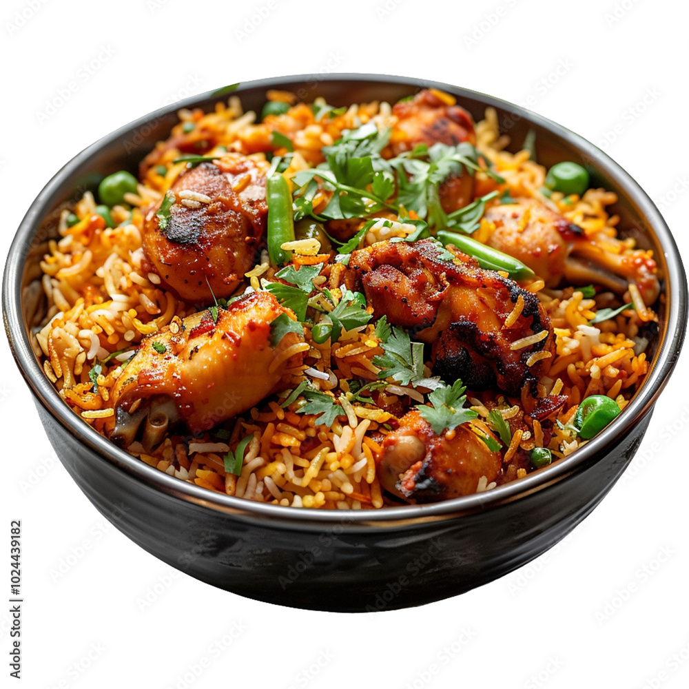 A bowl of biryani with chicken pieces isolated on transparent background
A bowl of biryani with chicken pieces isolated on transparent background
