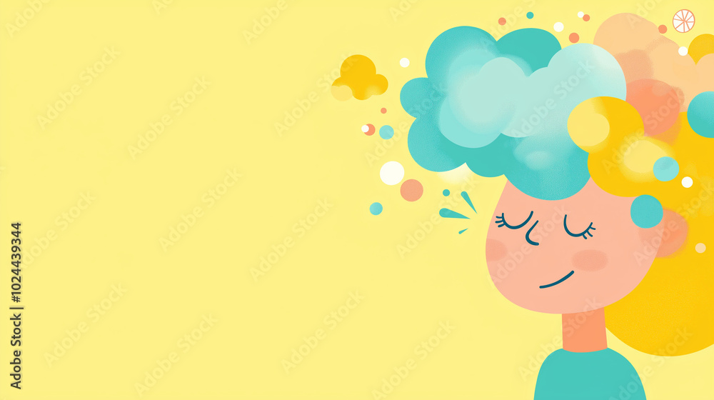 A serene figure with a joyful expression is surrounded by colorful clouds representing thoughts and emotions, symbolizing mental health and mindfulness, copy space A serene figure with a joyful expression is surrounded by colorful clouds representing thoughts and emotions, symbolizing mental health and mindfulness, copy space
