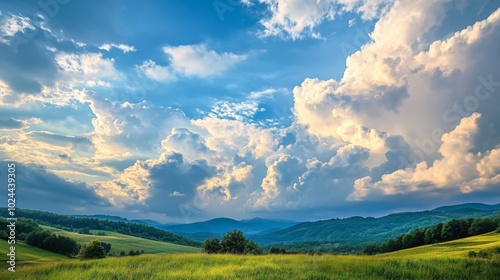 Hillside with billowing clouds