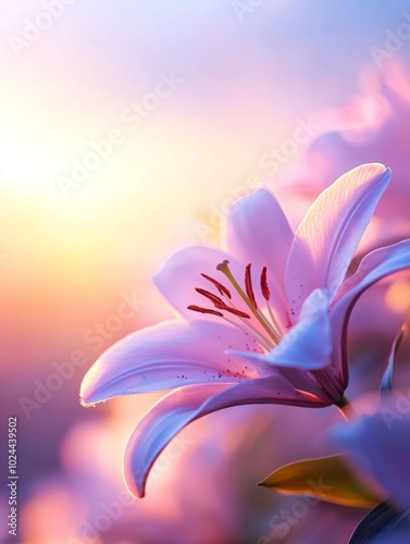 Pastel Lilies at Dawn Against a Colorful Sky