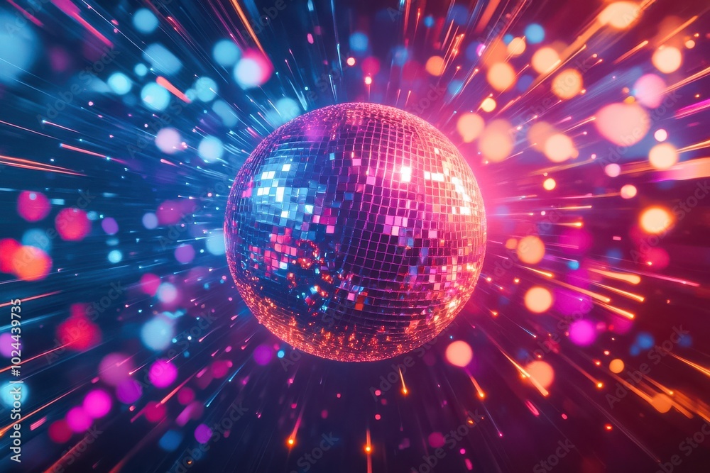 A shimmering disco ball at the center of the image, reflecting vibrant rays of pink, blue A shimmering disco ball at the center of the image, reflecting vibrant rays of pink, blue