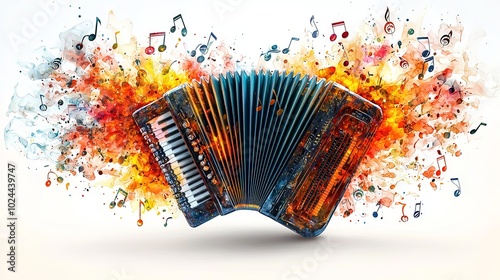 A fiery accordion surrounded by cascading musical notes represents passion, creativity, and the explosive energy of music in a modern and artistic digital style. photo