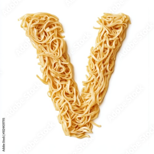 A stylized letter 'V' made of cooked noodles, creatively presented on a white background.