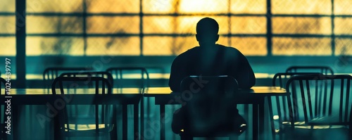 Inmate sitting at a table during visitation, waiting close up, focus on, copy space warm, hopeful lighting, double exposure silhouette with empty chairs