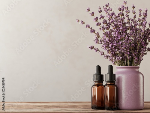 Aromatic Essential Oils with Dried Flowers on Table photo