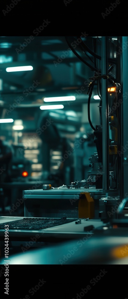 Industrial workspace with machinery and dim lighting. Industrial workspace with machinery and dim lighting.