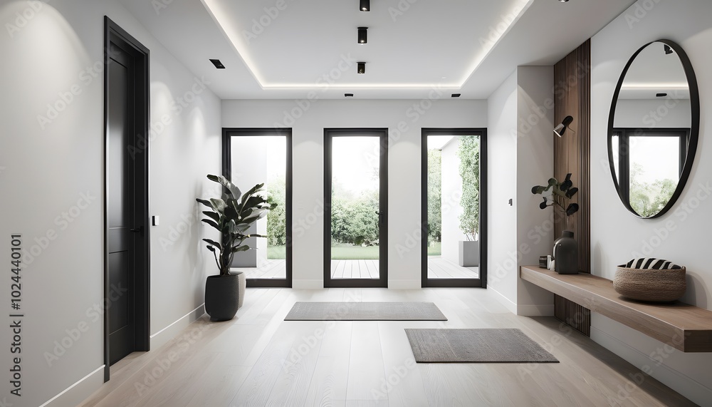 Modern Minimalist Interior Hallway With Greenery