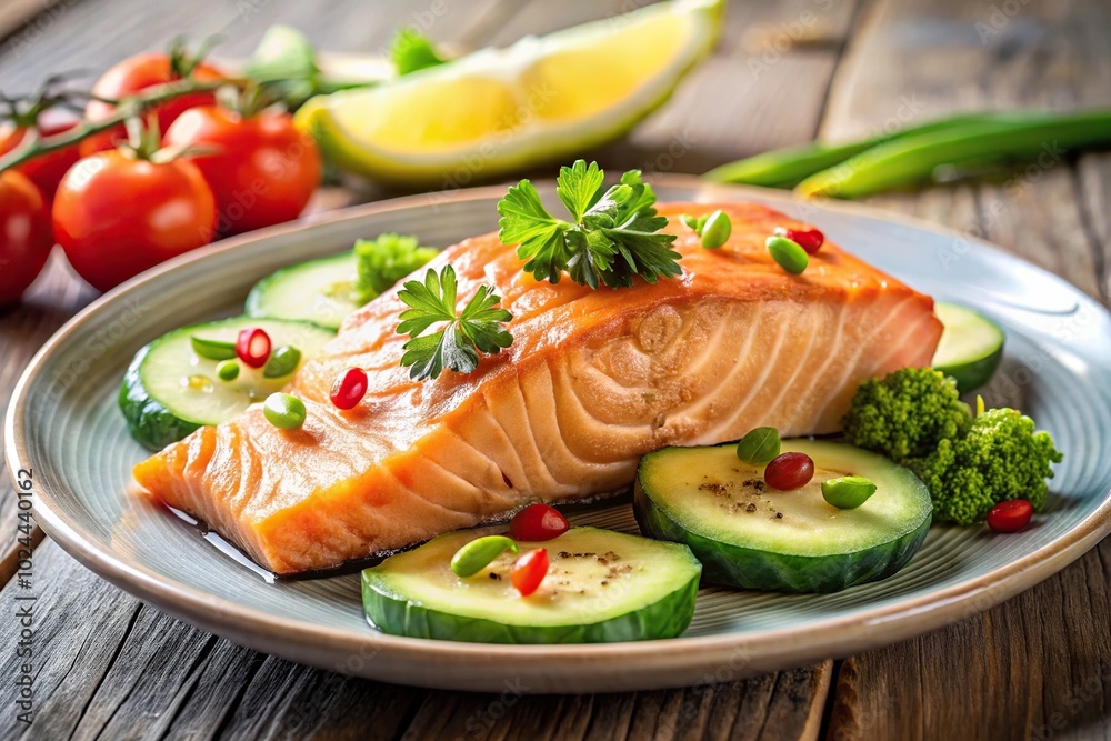 Low angle view of salmon fish with avocado and vegetables on a plate Low angle view of salmon fish with avocado and vegetables on a plate