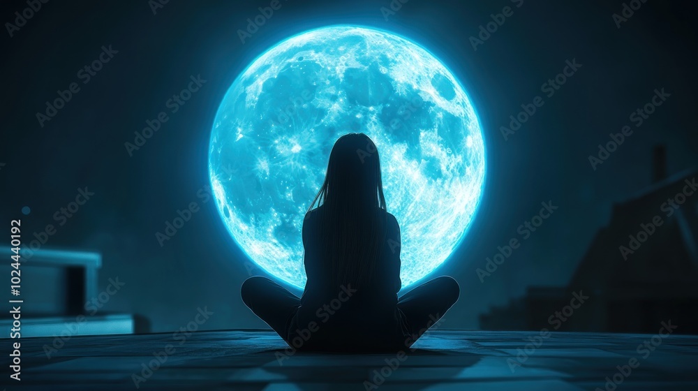 A silhouette of a person sitting in front of a large, glowing blue moon at night. A silhouette of a person sitting in front of a large, glowing blue moon at night.