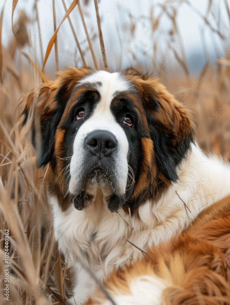 A Saint Bernard dog with a calm expression sits among tall dry grass, blending with the natural environment. A Saint Bernard dog with a calm expression sits among tall dry grass, blending with the natural environment.
