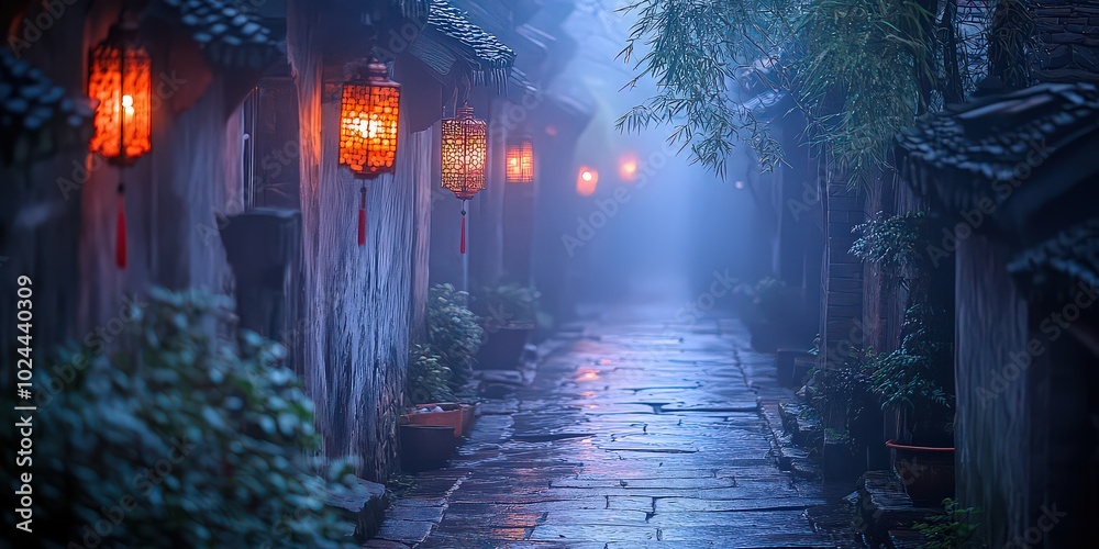 narrow alleyway illuminated by lanterns, fading into misty distance, creating a mysterious and atmospheric scene with raw stylized elements. narrow alleyway illuminated by lanterns, fading into misty distance, creating a mysterious and atmospheric scene with raw stylized elements.