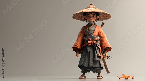 A cartoon illustration of a Japanese samurai wearing a traditional hat and robe holding a sword, standing on a grey background.