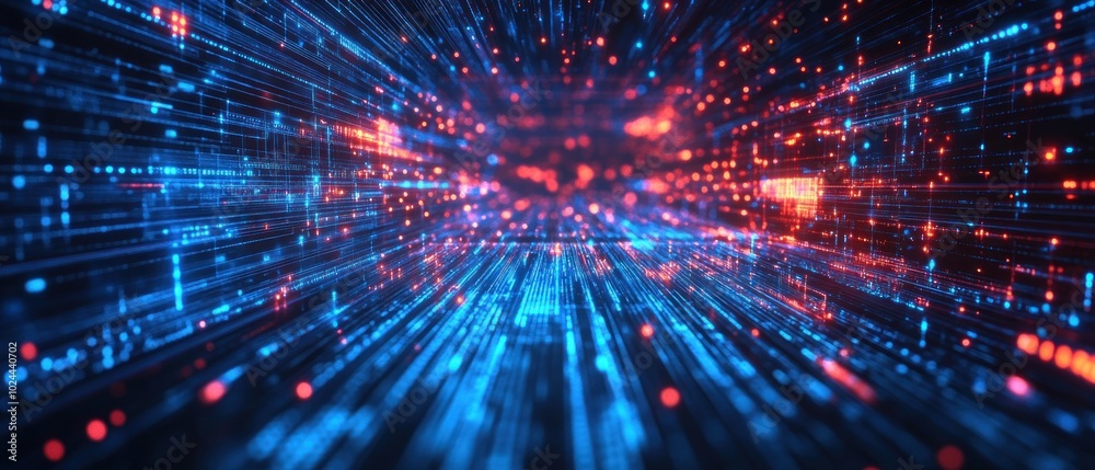 Abstract digital tunnel with blue and red glowing lines and dots Abstract digital tunnel with blue and red glowing lines and dots